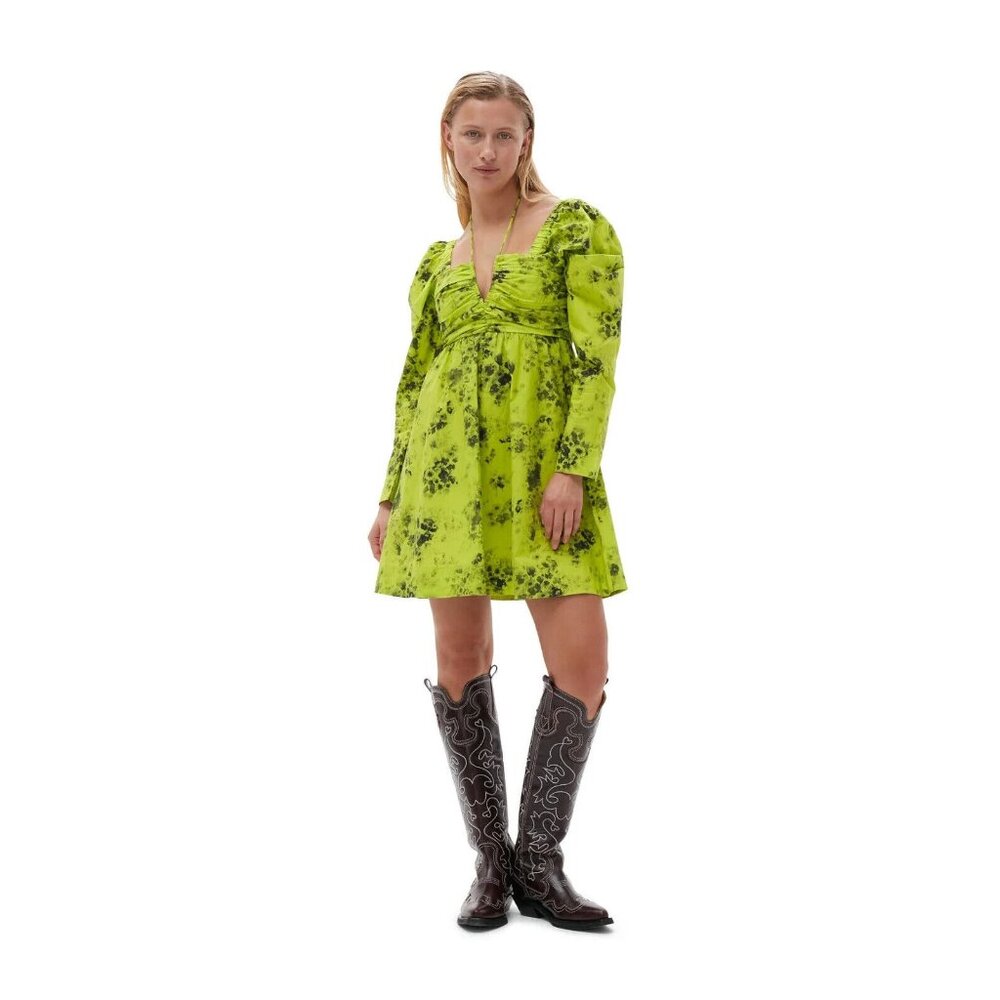 Ganni Ternder Shoots Green & Black Floral Printed Poplin Mini Dress, Size 4 | 36